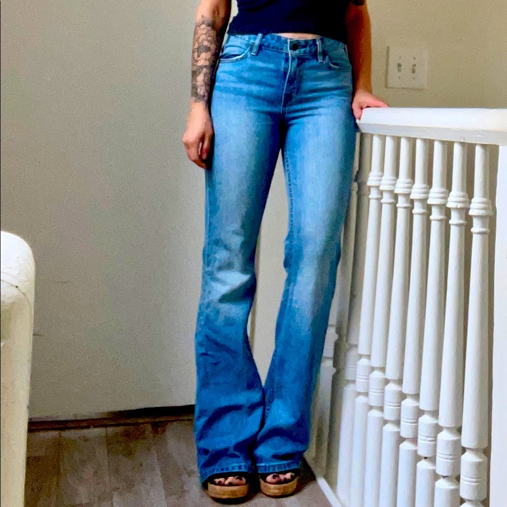 Levi’s high waisted flare blue jeans.
